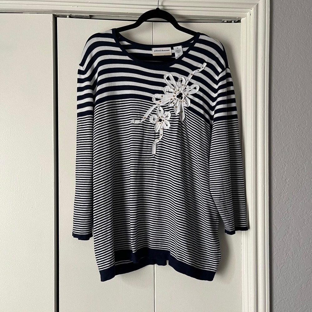 Alfred Dunner‎ Knit Top Striped Embellished Long Sleeve Tunic 2X